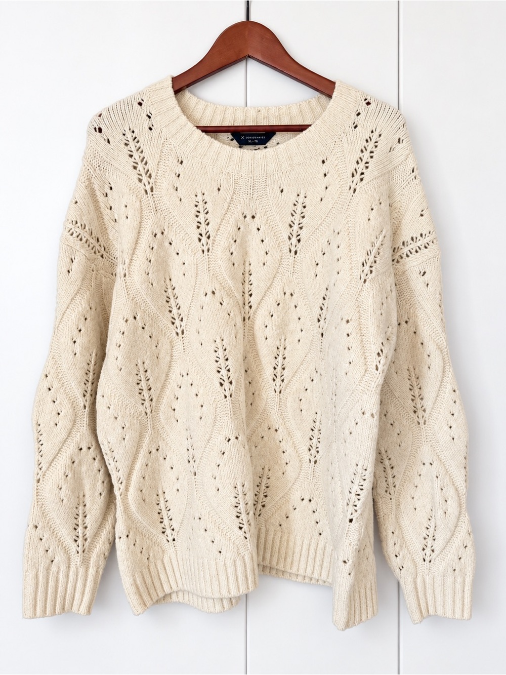 Denver Hayes Cream Pointelle Openwork Knit Sweater XL